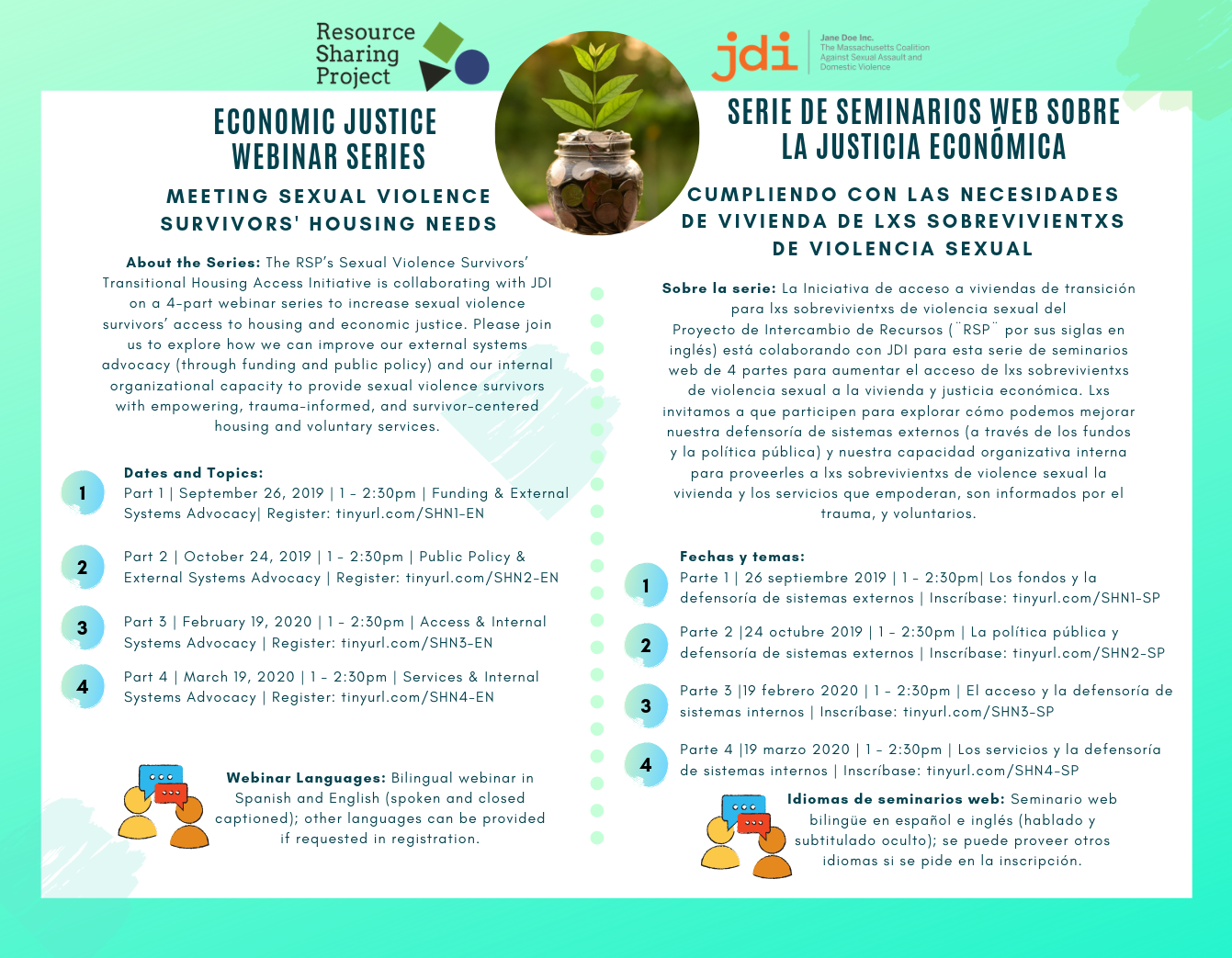 Flyer for Resource Sharing Project/Jane Doe Inc. Economic Justice Webinar series. Text included below in English and Spanish.