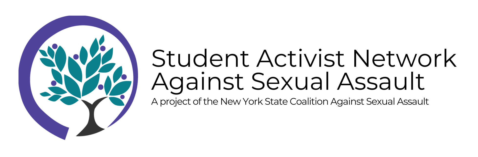 Student Activist Network Against Sexual Assault: A project of the New York State Coalition Against Sexual Assault. Includes NYSCASA's tree logo: black tree trunk with teal leaves, surrounded by a purple circle