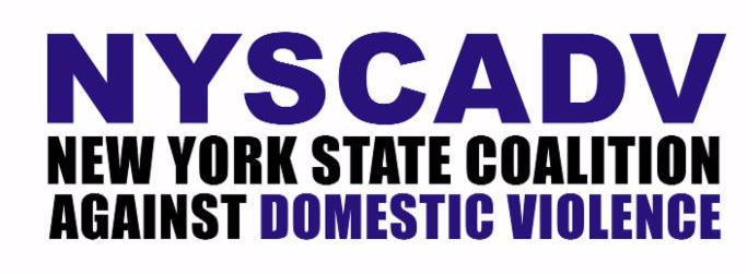 Logo for the New York State Coalition Against Domestic Violence, which has three rows of text. Top to bottom - First row: NYSCADV in bold purple helvetica or arial font. Second row: "New York State Coalition" in bold black Impact font. Third row: "Against Domestic Violence" in bold Impact font.