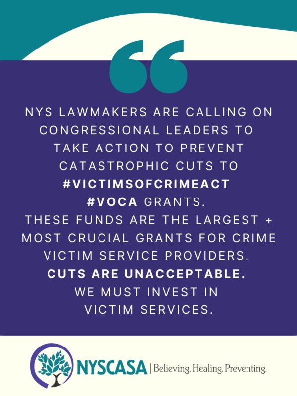NYS lawmakers are calling on Congressional leaders to take action to prevent catastrophic cuts to #VictimsOfCrimeAct #VOCA grants. These funds are the largest + most crucial grants for Crime Victim Service providers. Cuts are unacceptable. We must invest in victim services.