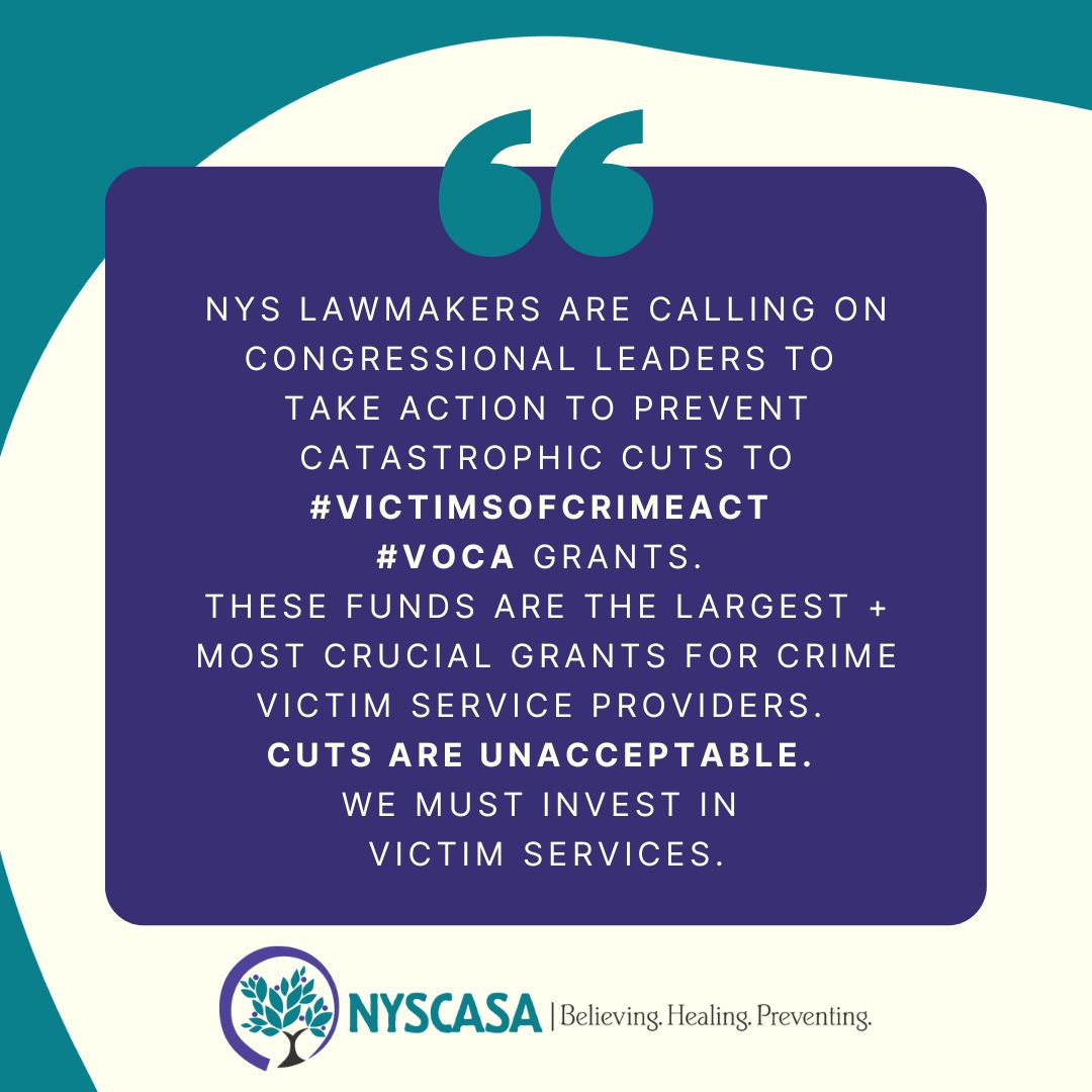 NYS lawmakers are calling on Congressional leaders to take action to prevent catastrophic cuts to #VictimsOfCrimeAct #VOCA grants. These funds are the largest + most crucial grants for Crime Victim Service providers. Cuts are unacceptable. We must invest in victim services.