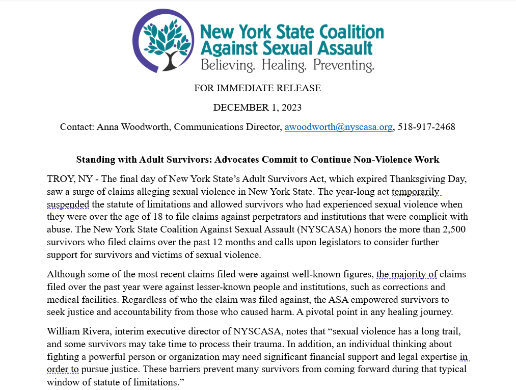 NYSCASA Statement Regarding Adult Survivors Act Expiration