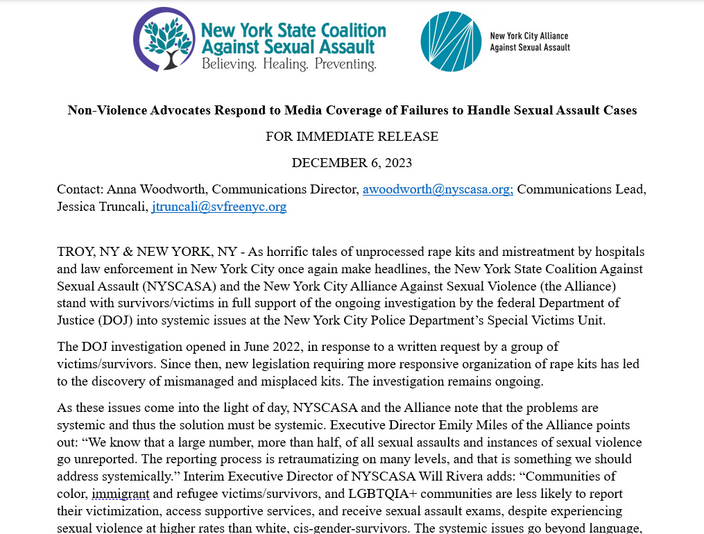 NYSCASA and the Alliance: Statement Regarding Media Coverage of Failure to Handle Sexual Assault Cases
