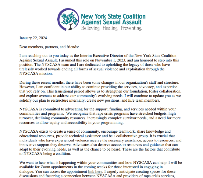 Update from NYSCASA Interim Executive Director